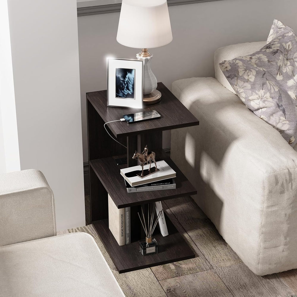 End Table, Side Table, Nightstand, USB Ports and Outlet，3-Tier Storage Shelf,...
