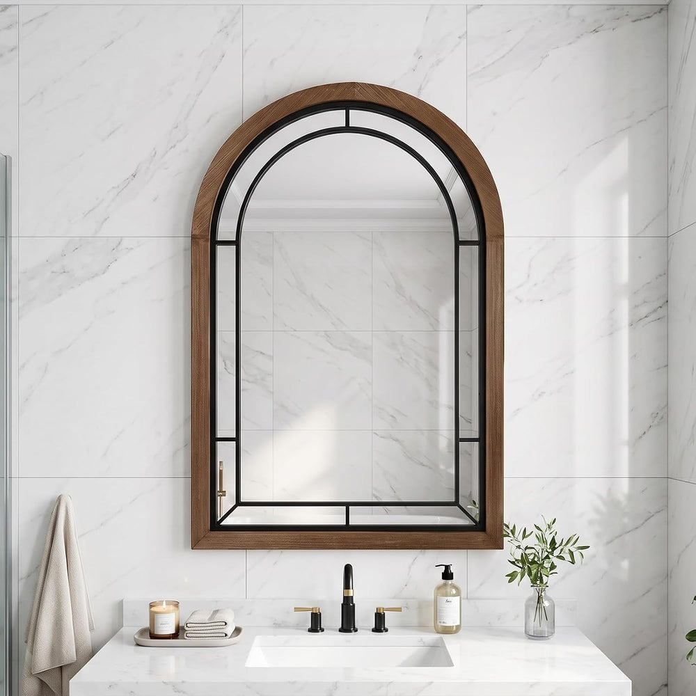 Arched Wall Mirror 36x24 Inch Rustic Wood Frame, Arch Brown