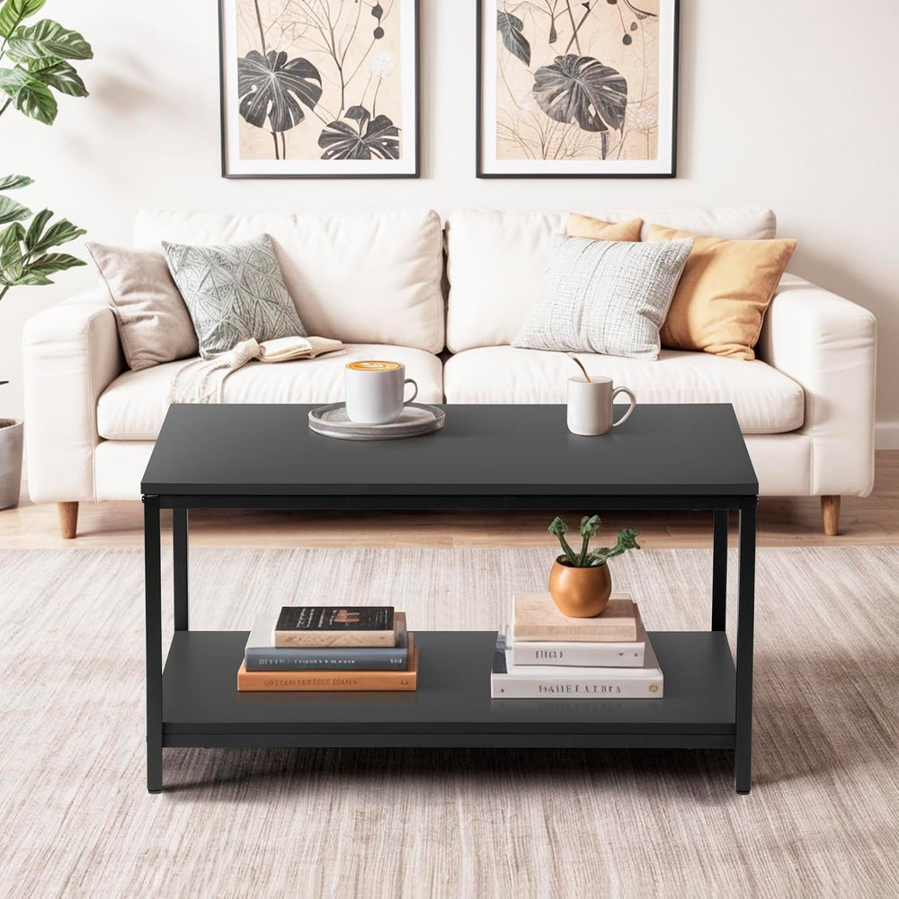 SUPER DEAL 2-Tier Industrial Coffee Table with Storage Shelf for Small Apartm...