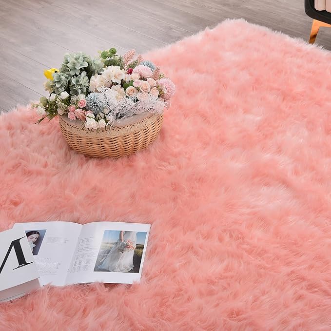 ORINOVA Pink Washable Shag Round Rugs 6.6ft Soft Plush Faux Sheepskin Fuzzy Fur - Image 8