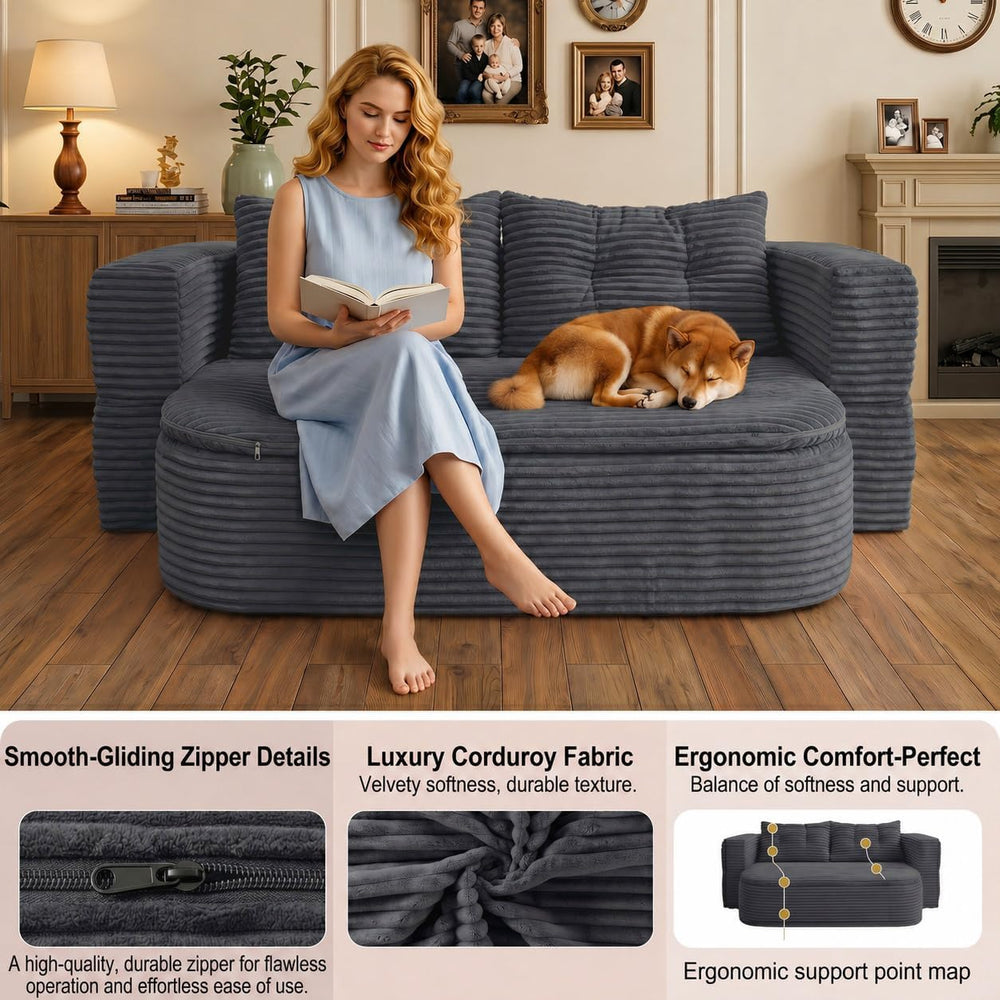78.7" Futon Sofa Bed, Memory Foam Convertible Couch, Dark Gray