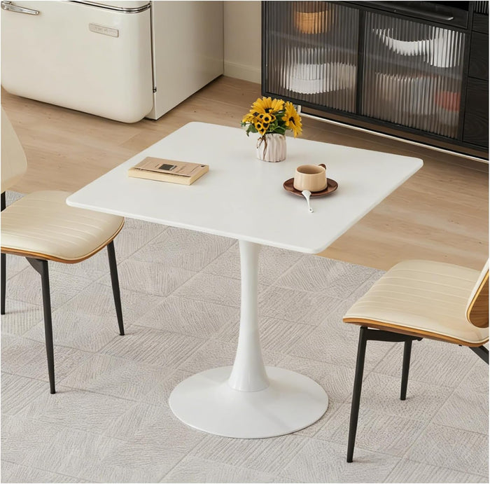 Square Dining Table, 31.5" Tulip Table with Thickened Tabletop & Metal Pedestal, Mid Century Modern Bistro Table for Kitchen, Small Places, Living Room, Cafe (White)