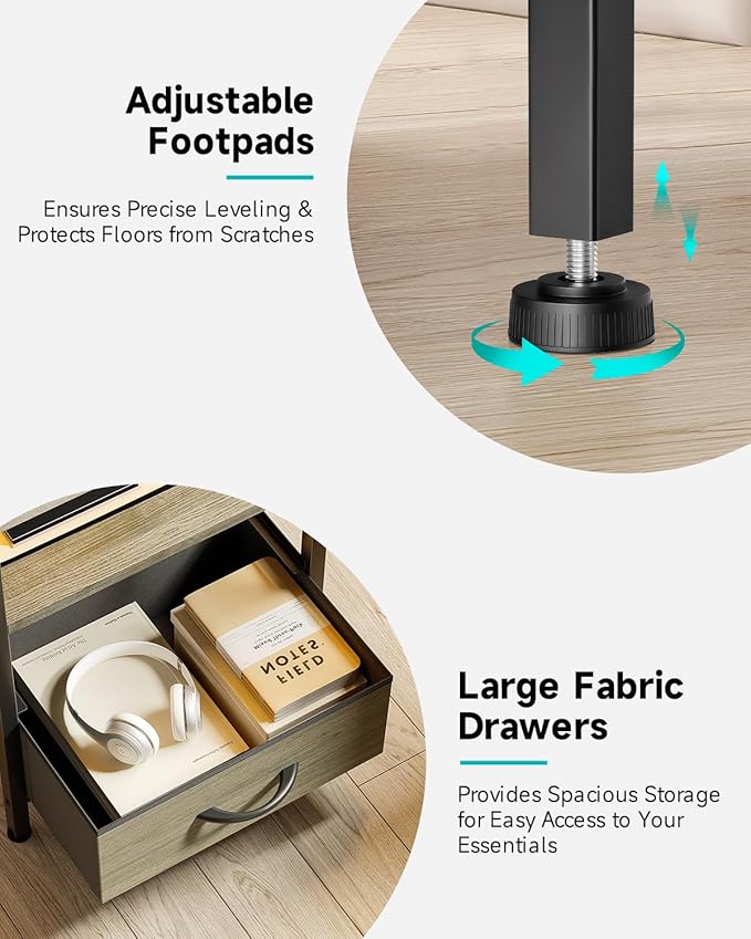 Night Stand Bedside Charger Bedroom - Grey Nightstand with Charging Station &...