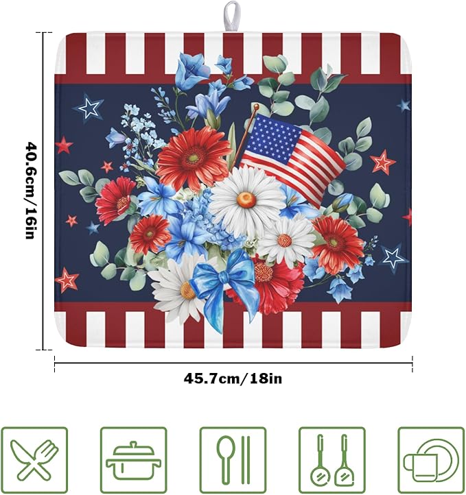 4th of July Dish Drying Mat for Kitchen Counter Patriotic Red Blue and White - Image 2