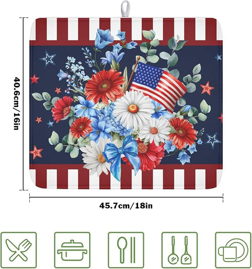 4th of July Dish Drying Mat for Kitchen Counter Patriotic Red Blue and White - Image 2
