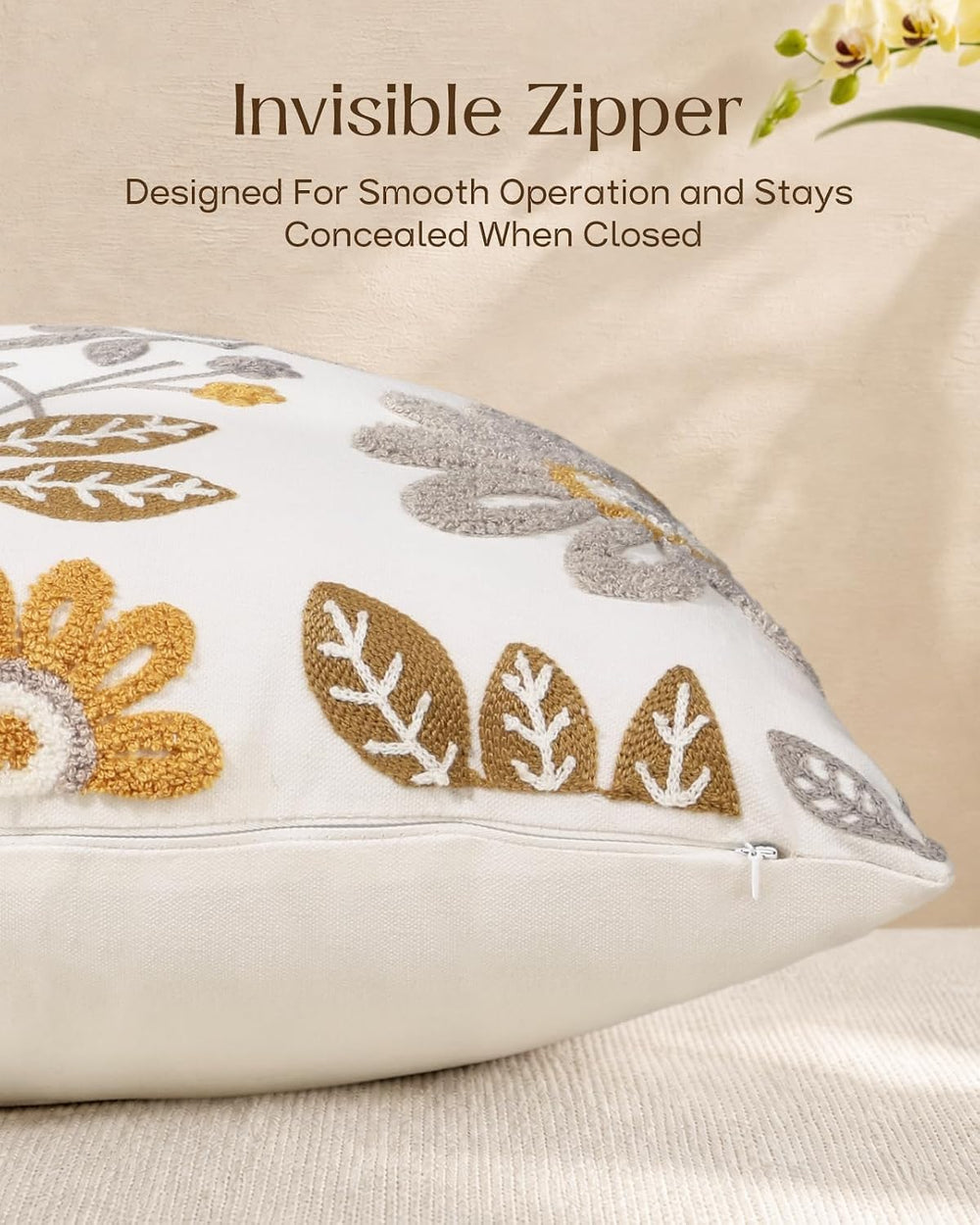 Fall Embroidered Throw Pillow Covers 18x18, Set of 2, Amber Blooms