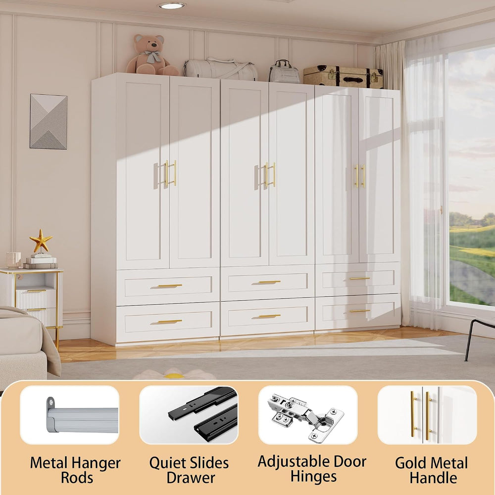 White Wardrobe with 6 Doors and 6 Drawers, 75" Tall x 95" Wide