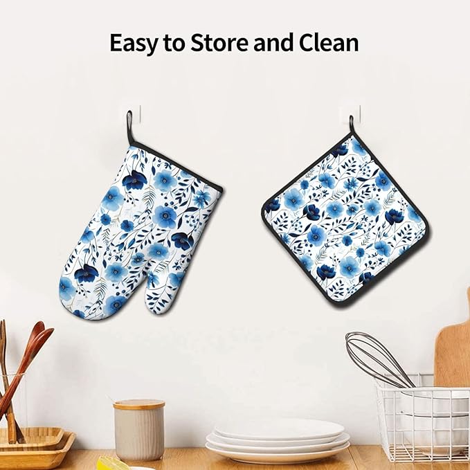 Blue Floral Oven Mitts and Pot Holders Sets of 3, Heat Resistant Cute - Image 6