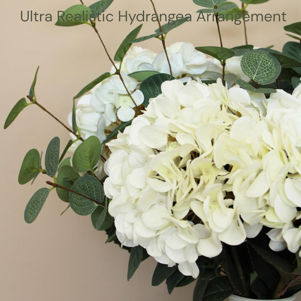 Real Touch White Faux Hydrangea And Eucalyptus, Floral Arrangement For Vase