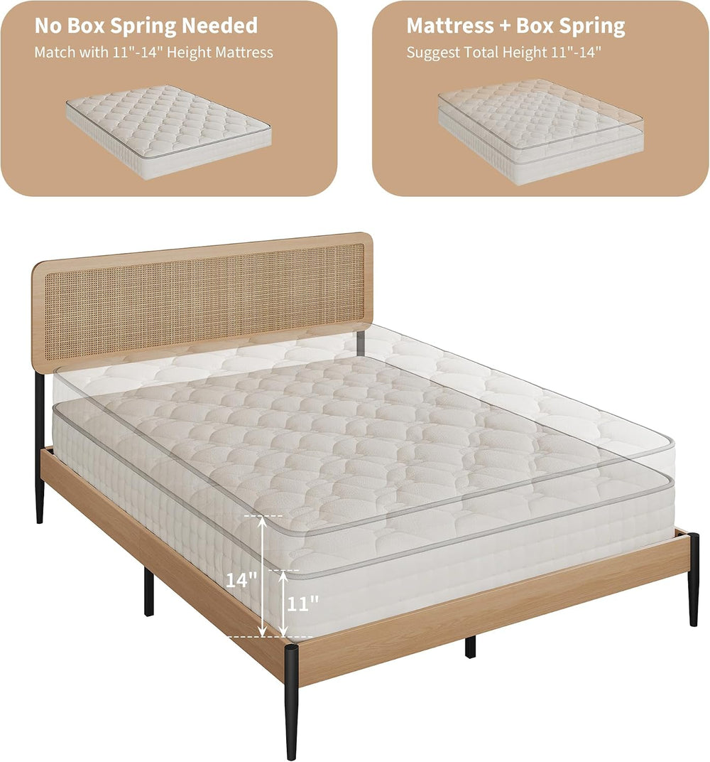 Queen Rattan Bed Frame, Woven Headboard, Wood Platform, No Box Spring
