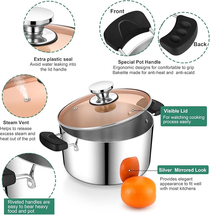 P&P CHEF 6 Qt Stockpot with Lid, Stainless Steel Cooking Stock Pot - Image 3