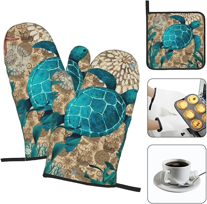Retro Teal Nautical Oven Mitts and Pot Holders Sets, Sea Turtles Oven Gloves - Image 3