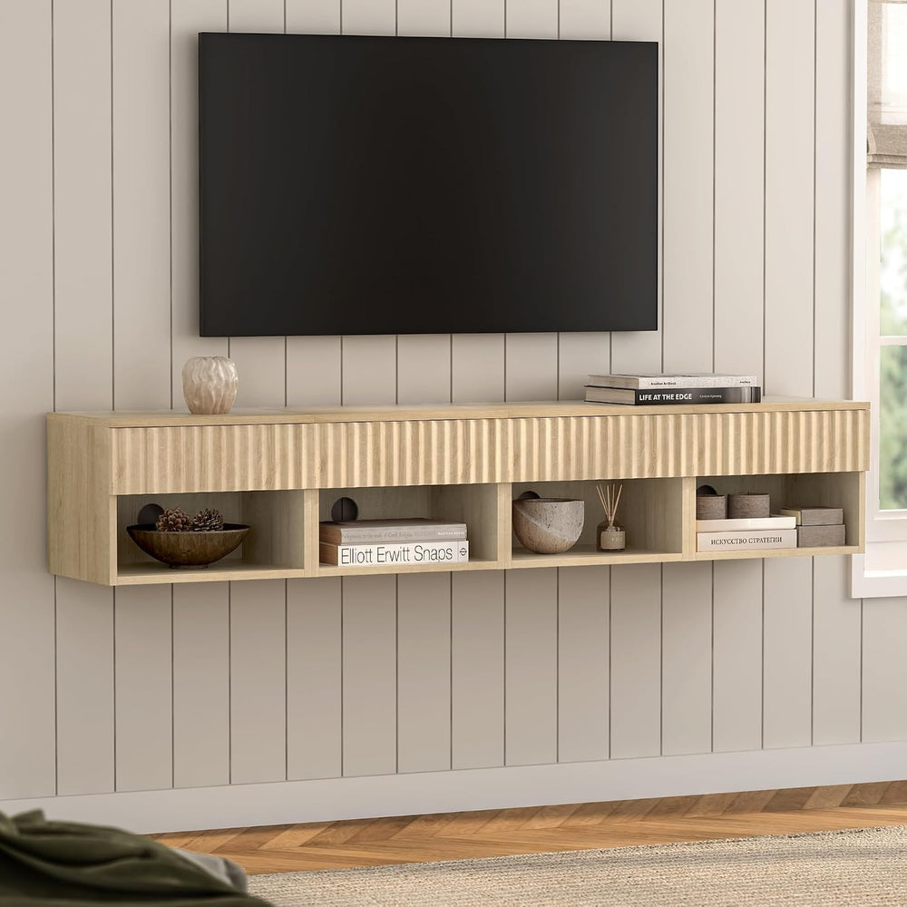 EYYTHUNG Small Floating Nightstand with Drawer, Modern Night Stand with Flute...