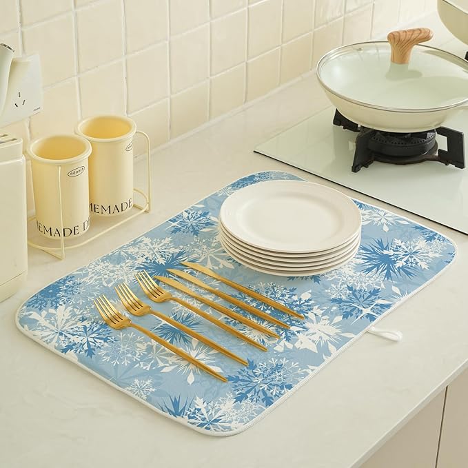 Christmas Dish Drying Mat 18x24 Inch Blue White Snowflake Winter Drying Mat - Image 4