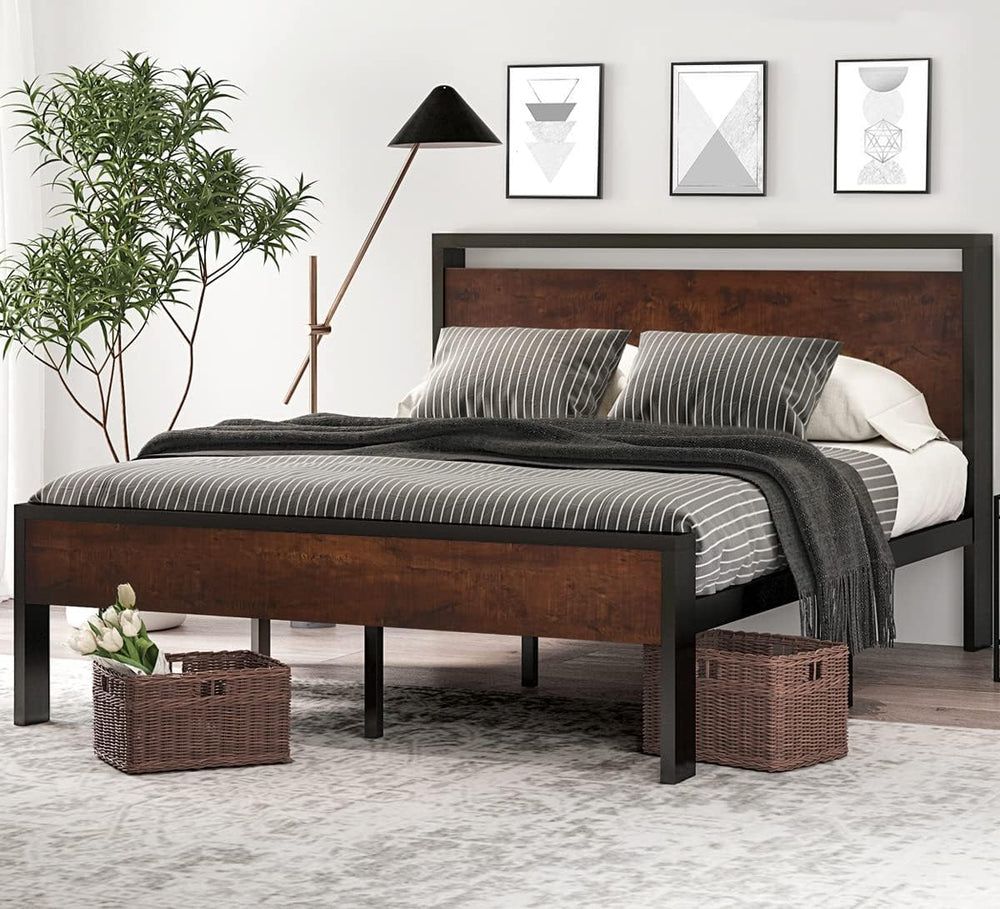 SHA CERLIN 14 Inch Full Size Metal Platform Bed Frame with Wooden Headboard a...