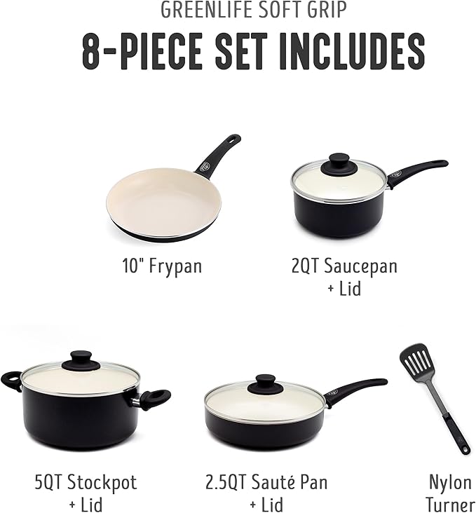 GreenLife 8 Piece Nonstick Cookware Set, Non-Toxic PFAS-Free Ceramic Pots & Pans - Image 3