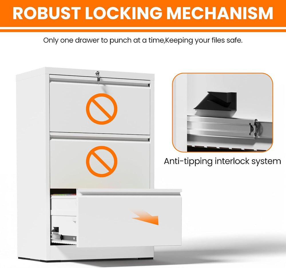 3 Drawer Metal Lateral File Cabinet with Lock,White Filing Cabinet | Heavy Du...