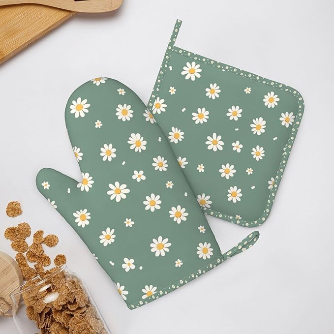 Oven Mitts and Pot Holders Daisy Flower Green Silicone Kitchen Accessories Set - Image 6