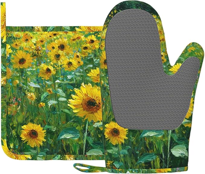 Vintage Sunflower Oven Mitts and Pot Holders Sets Flower Oil Painting Silicone by Unknown