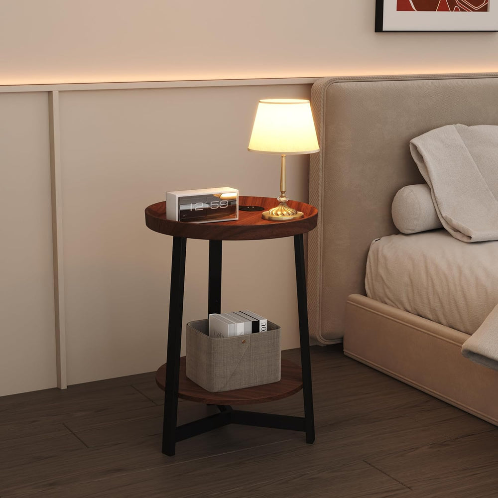 Round Industrial Side Table with Charging Station,2-Tier Round End Table with...