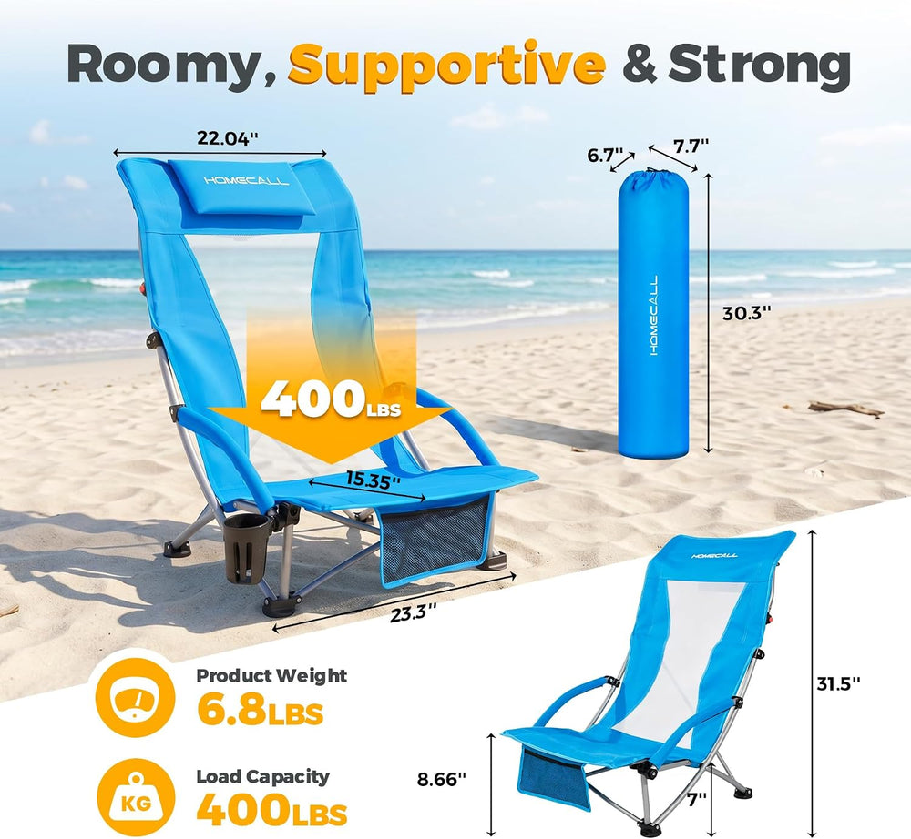 2 Pack Low Beach Chairs for Adults with High Back, Support 400LBS