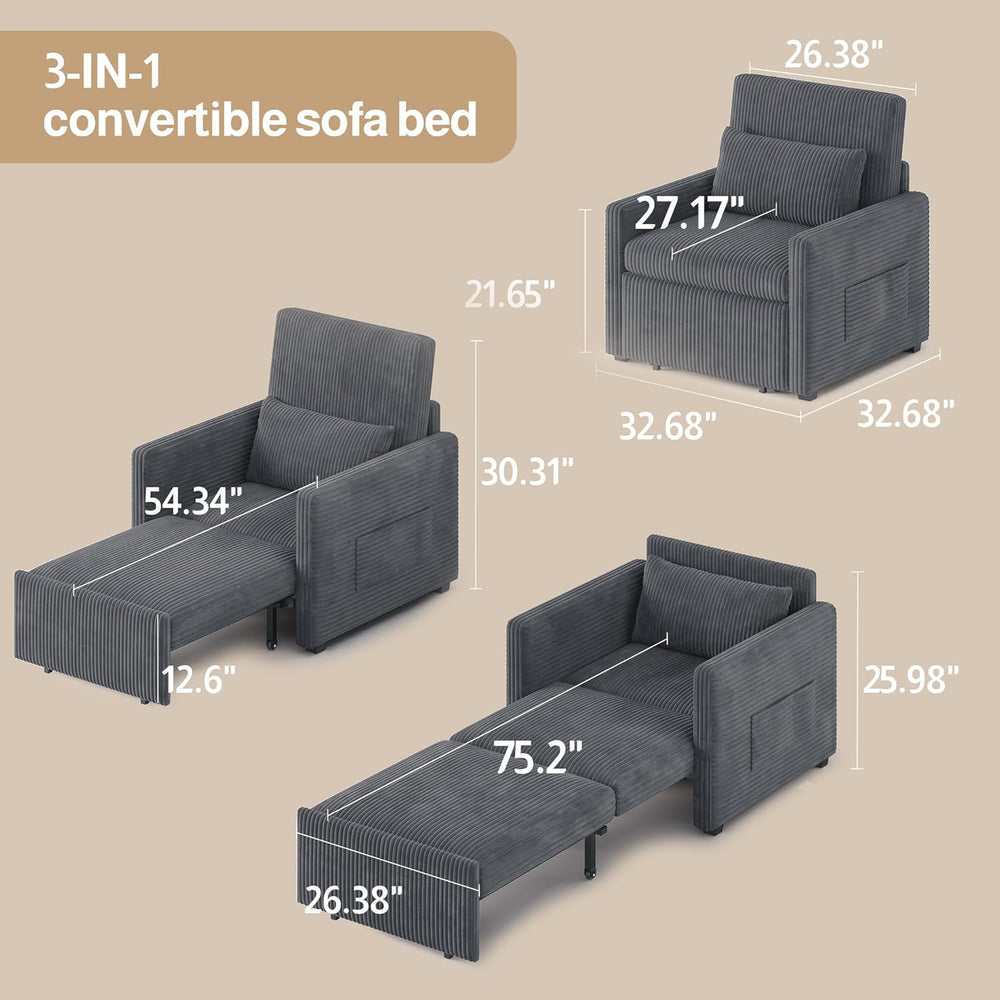 Ahomly 3 in 1 Pull Out Sleeper Chair, 75.2” Corduroy Single Sofa, Dark Gray
