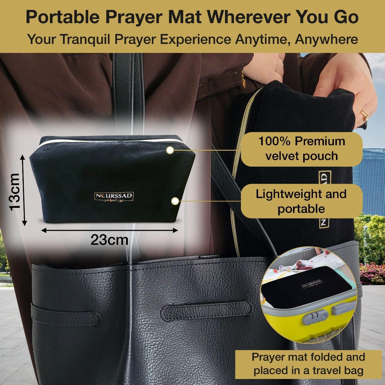 Luxury Velvet Muslim Prayer Mat – Portable Foldable Sajadah with Travel Bag, Dua Booklet & Elegant Gift Box - Premium Islamic Janamaz for Home, Mosque & Travel – Black