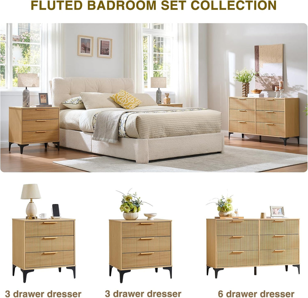 3 Pieces Dresser Bedroom Set, 6 Drawer Dresser & 3 Drawer Nightstand of 2