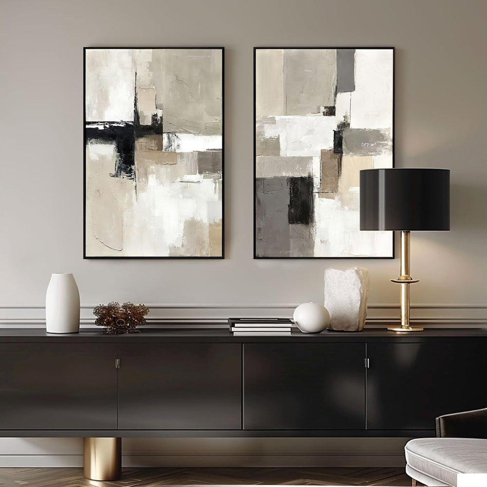 SAFERRYHOME Neutral Abstract Beige,Gray and Black Wall Art Set of 2,24"x...