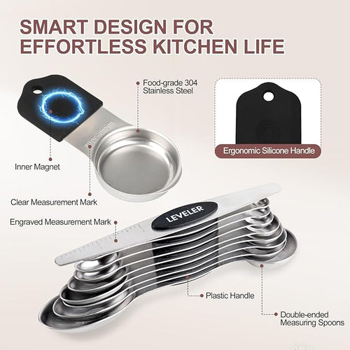 16-Piece Stainless Steel Measuring Cups and Spoons Set, Strong Magnetic Nesting - Image 2