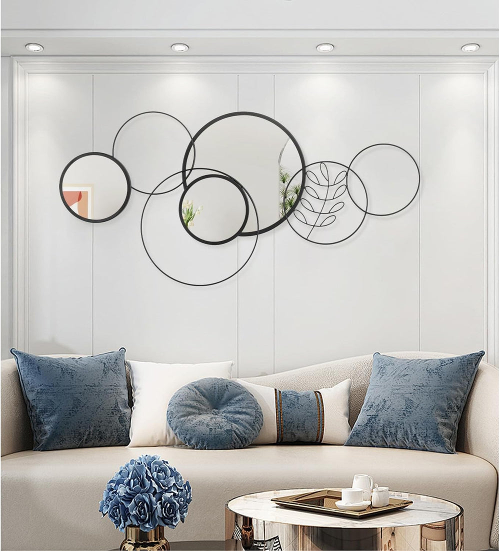 Black Round Wall Mirror Set, Metal Framed Circle Mirror Set Modern Decorative...