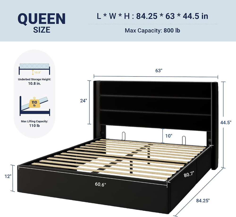 Allewie Queen Size Lift Up Hydraulic Storage Bed Frame Black