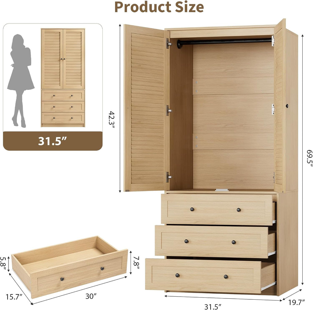 GarveeHome Armoire Wardrobe with Drawers, Wooden Closet, Hanging Rod, Oak