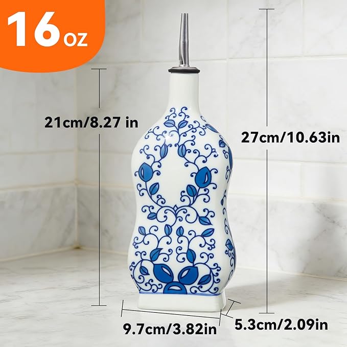 Ceramic Oil Dispenser 16oz, Square Blue and White Olive Oil Bottle - Image 2