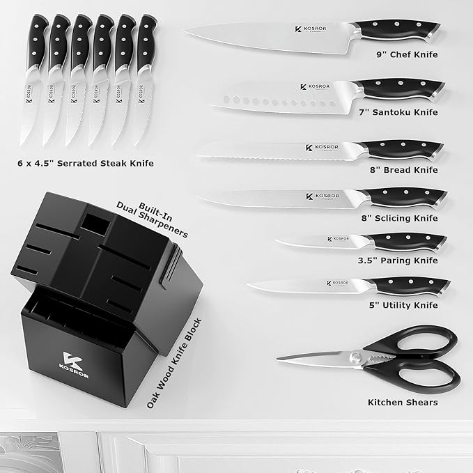 Kitchen Knife Set with Block: 15-Piece German Stainless Steel with Dual