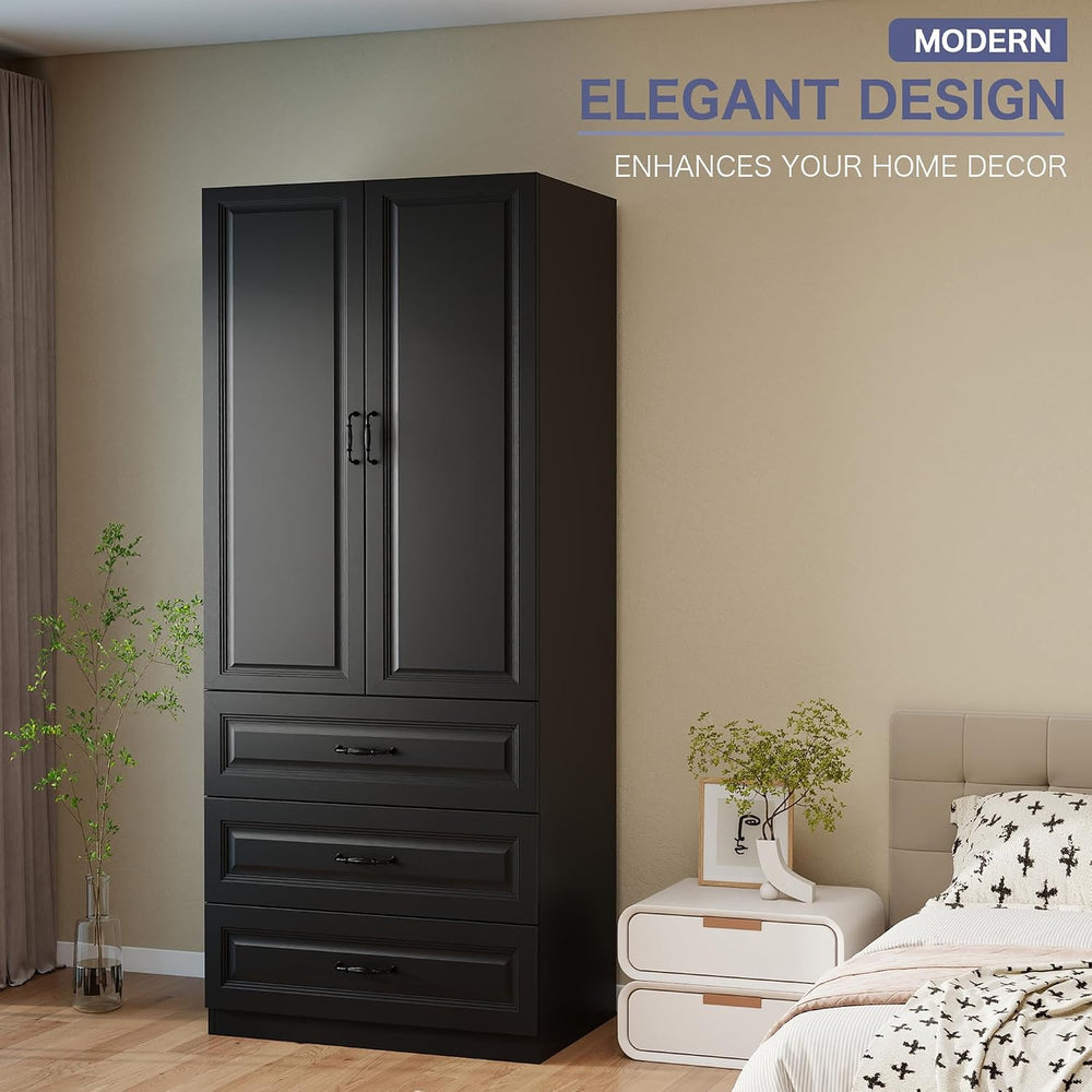 Black Wardrobe Closet with 9 Drawers and 6 Doors, 75" H x 95" W
