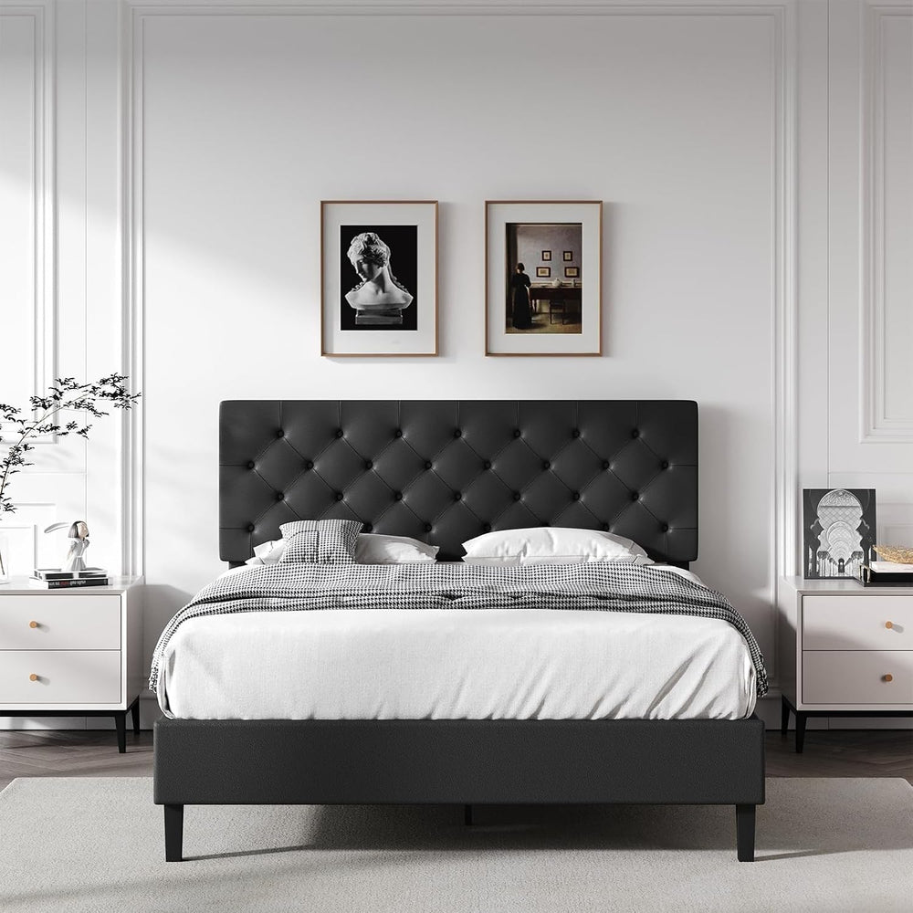REVOMINCA Full Faux Leather Bed Frame with Headboard, Black