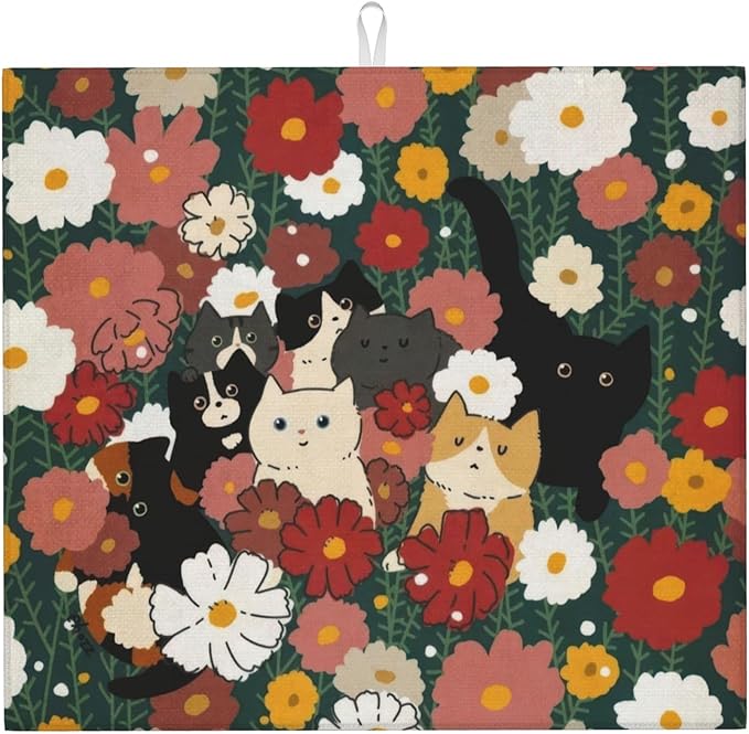 Cute Cat Flowers Dish Drying Mat 16x18 Inch, Microfiber Absorbent Fast Dry Mat by Unknown