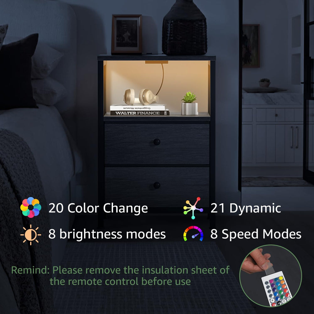 BOLUO Gray Nightstand with Charging Station, LED Night Stand with 2 Fabric Dr...