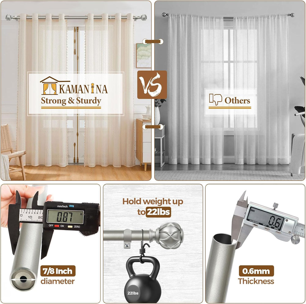KAMANINA Silver Curtain Rods for Windows 72 to 144 Inch, Long Heavy Duty
