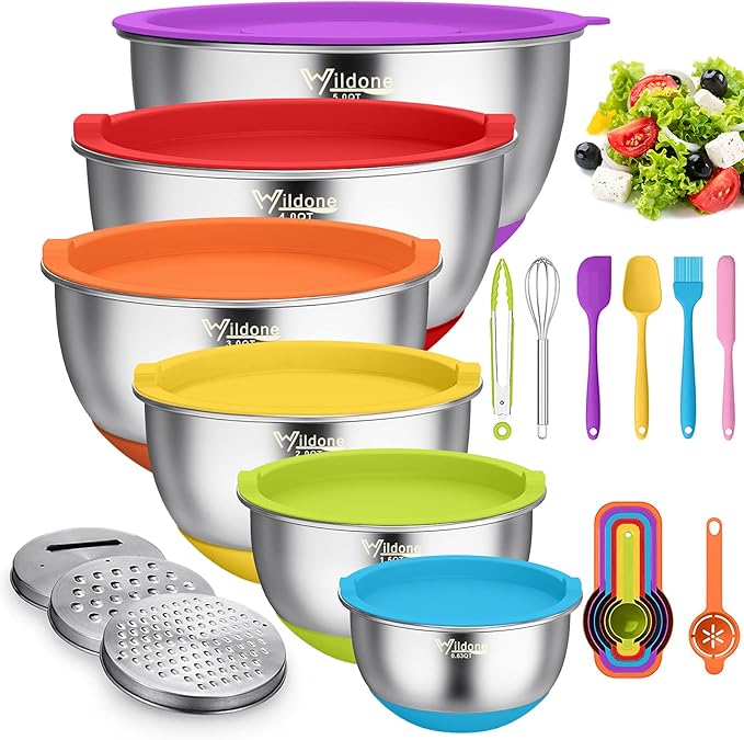 Wildone Mixing Bowls with Airtight Lids, 3 Grater Attachments, Measurement by Wildone
