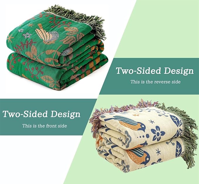 MSGKV Boho Throw Blanket 100% Cotton Green Blanket 90''x 98'' Spring Reversible - Image 2