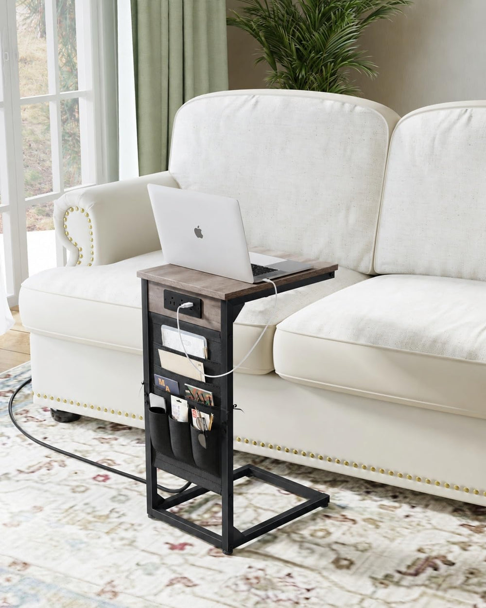 C-Shaped End Table with Fast-Charging Station, Small Couch Side Table with St...