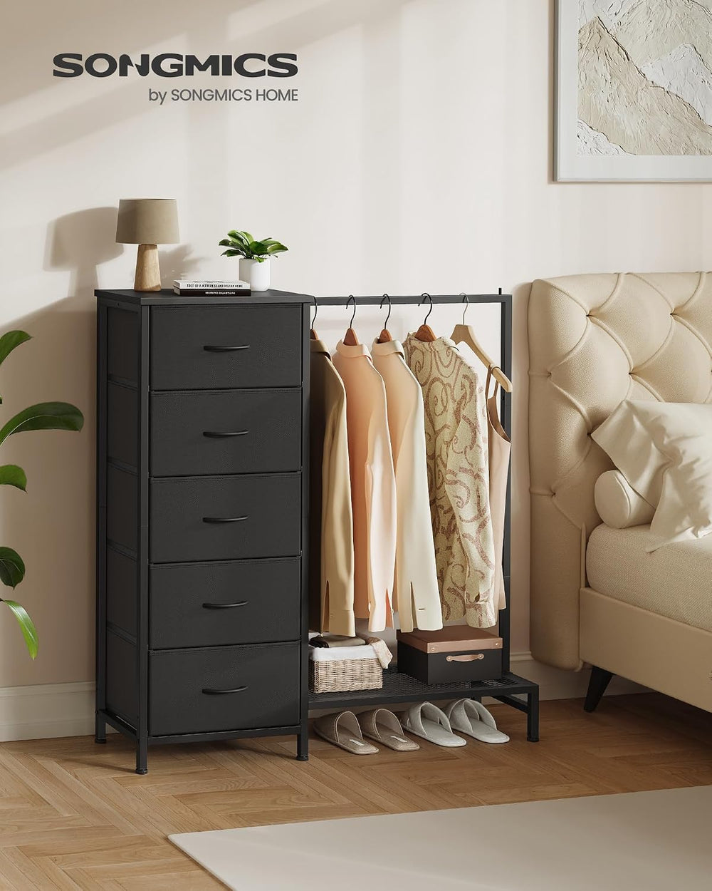 SONGMICS Dresser with Hanging Rod, 5 Fabric Drawers, Bottom Shelf