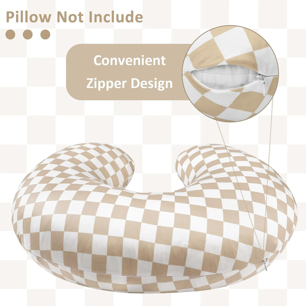 DILIMI Nursing Pillow Cover, Stretchy Removable Case for Breastfeeding Pillows, Ultra Soft Comfortable Slipcover for Baby Girl and Boy, Light Brown Checkerboard