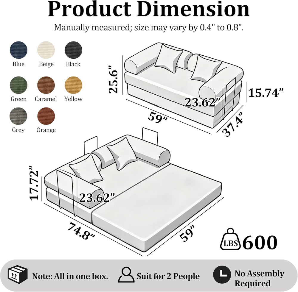 59'' Convertible Compressed Corduroy Folding Sofa Bed, Modern Boneles...