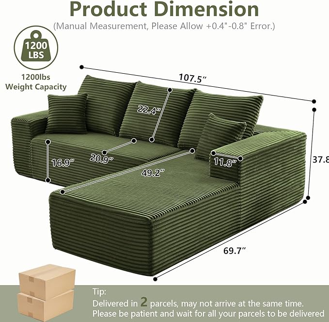 107" Cloud Sectional Couch with L-Shape Chaise, Modern Modular Comfy Sof...
