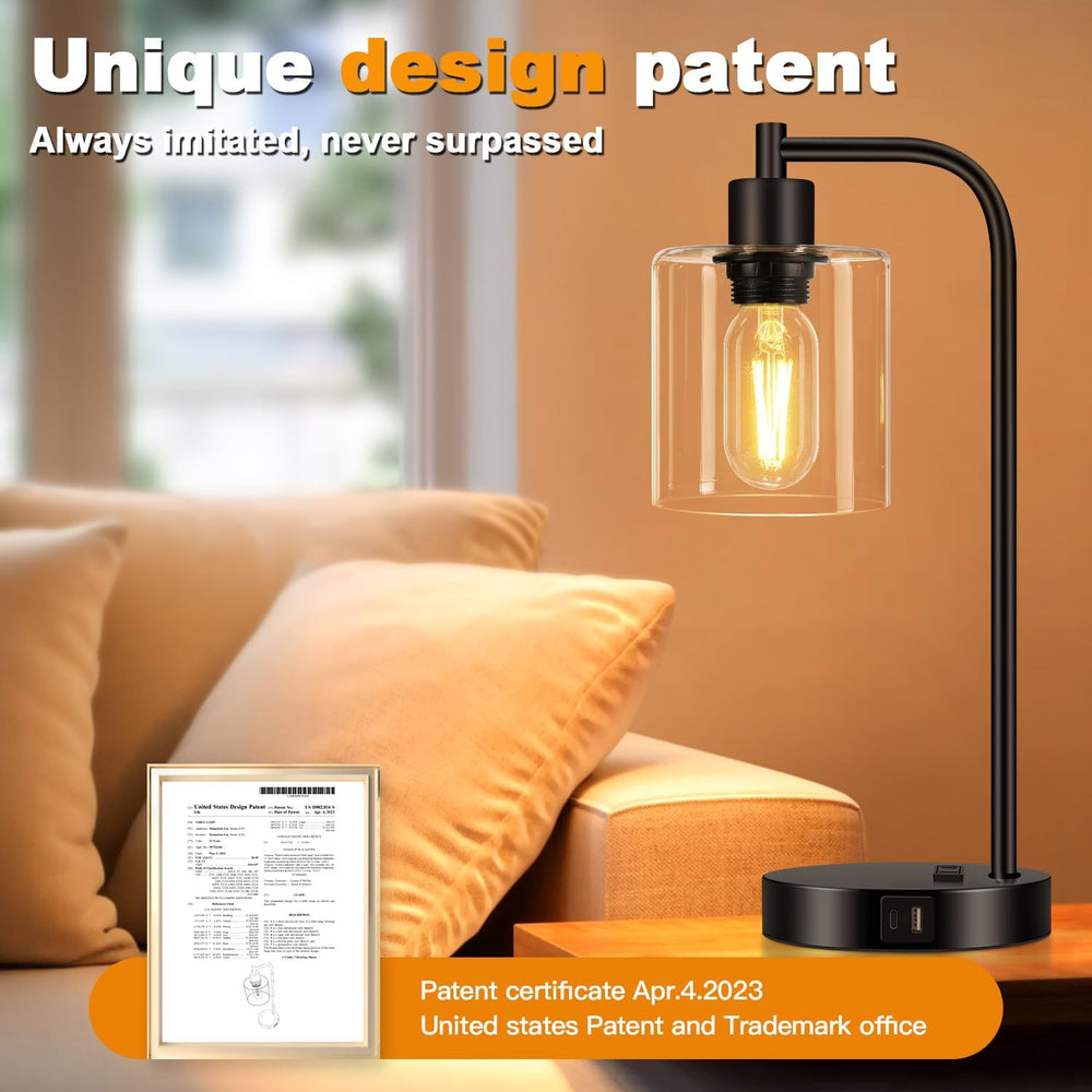 Set of 2 Industrial Touch Control Table Lamps with USB C+A Ports and AC Outle...