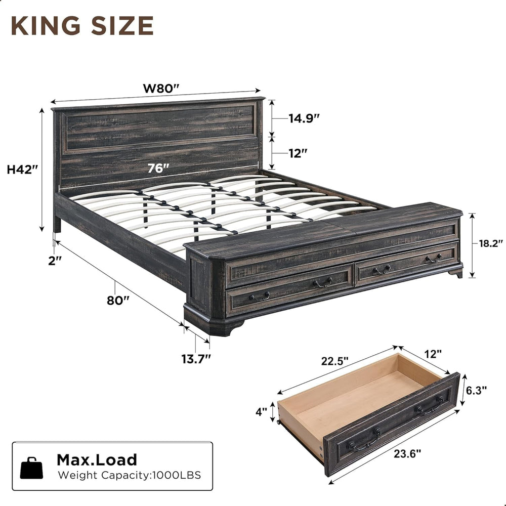 T4TREAM Farmhouse King Bed with Headboard and Storage Bench