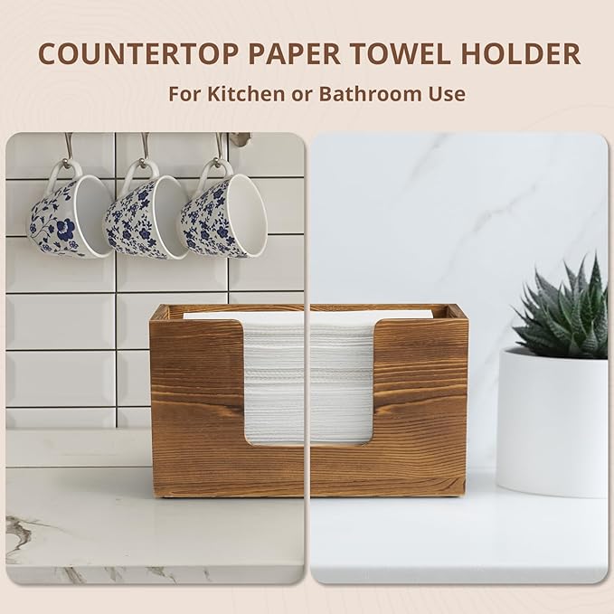 Paper Towel Dispenser Countertop, Burnt Wood Folded Paper Hand Towel Holder - Image 3